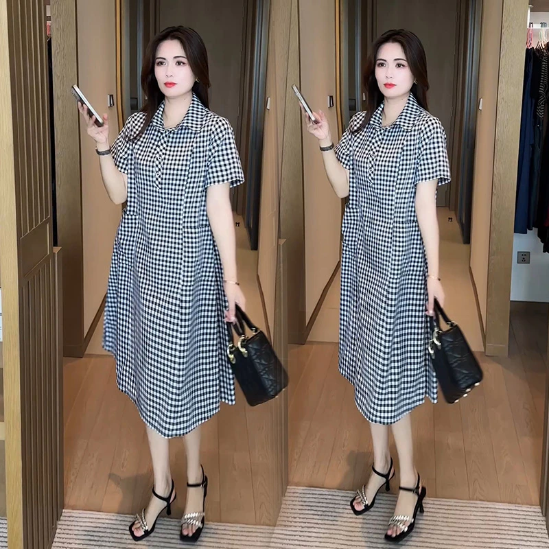 格子连衣裙女2025年夏季新款宽松大码显瘦短袖翻领遮肚子衬衫裙子