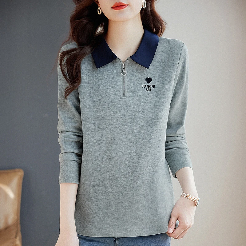 芳妮诗翻领长袖T恤女秋装2025新款宽松打底衫显瘦大码女装上衣