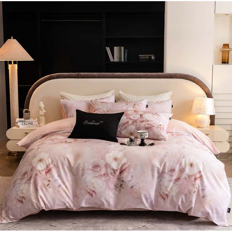 【晴美】高支高密贡缎长绒棉数码印花四件套-花柔紫