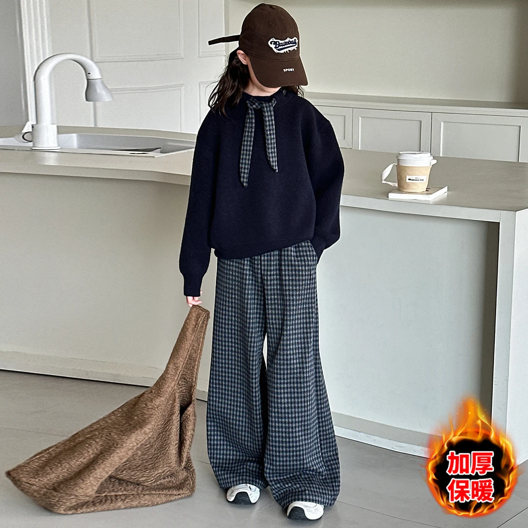 女童秋冬加厚毛衣套装2025新款洋气冬季针织衫加绒格子裤两件套潮