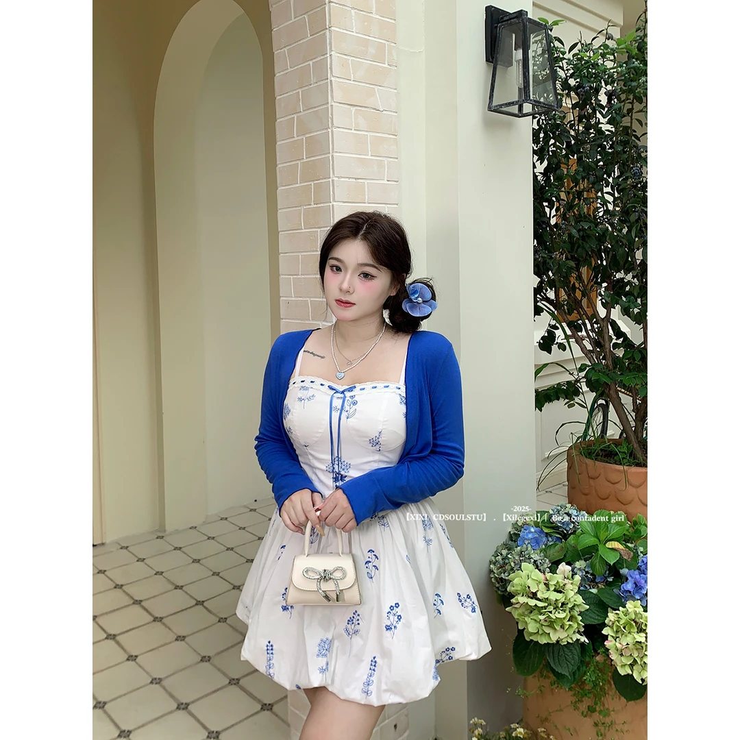 CD.soul【烟雨天青】微胖纯欲辣妹青花瓷显瘦吊带连衣裙开衫套装