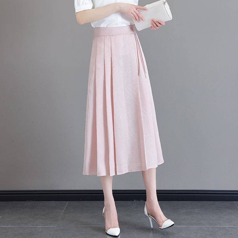 新中式国风马面裙女2025夏新款高腰遮肚A字百褶裙垂感冰丝半身裙