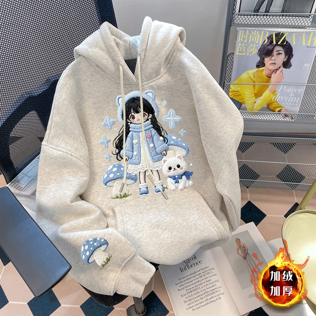 女童冬款连帽卫衣2025新款儿童冬季加绒帽衫女孩休闲洋气时髦上衣