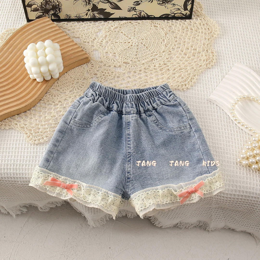 【热推爆款】女童牛仔短裤花边新款时尚宽松洋气花边短裤蝴蝶结