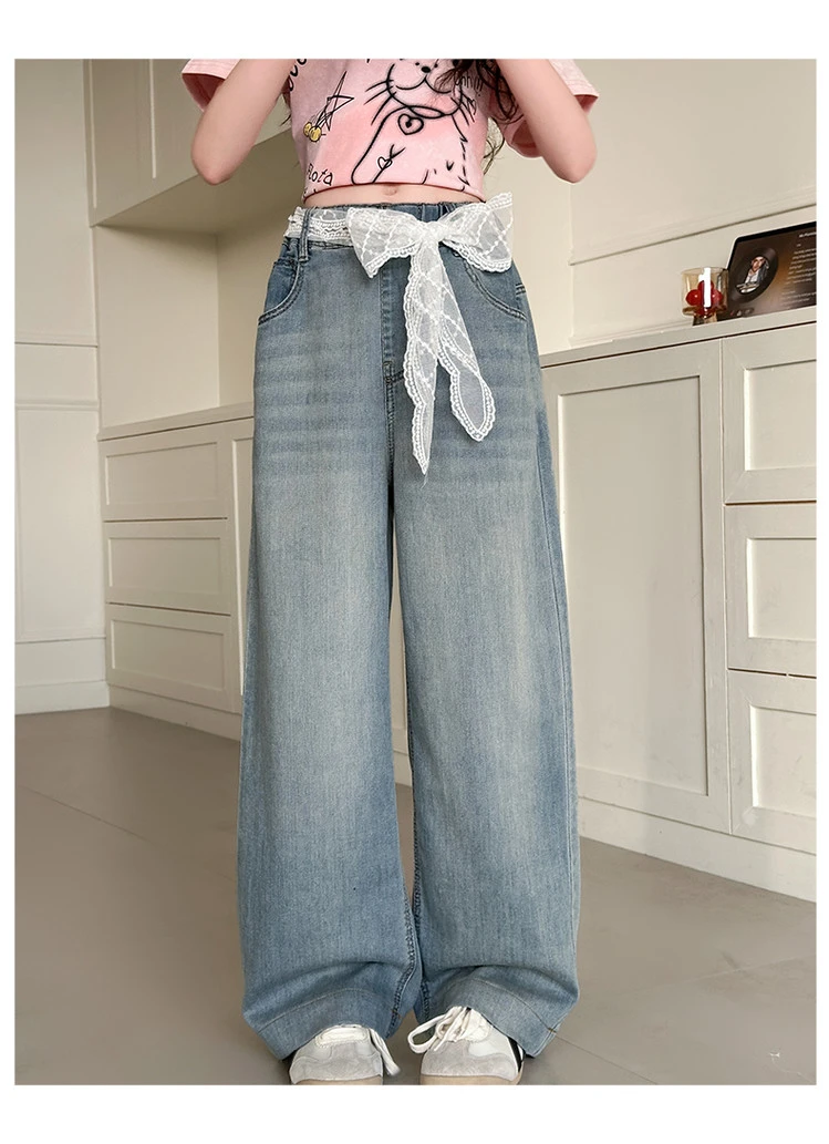 女童夏季牛仔裤薄款长裤2025新款蕾丝腰带女中大童直筒裤时尚百搭