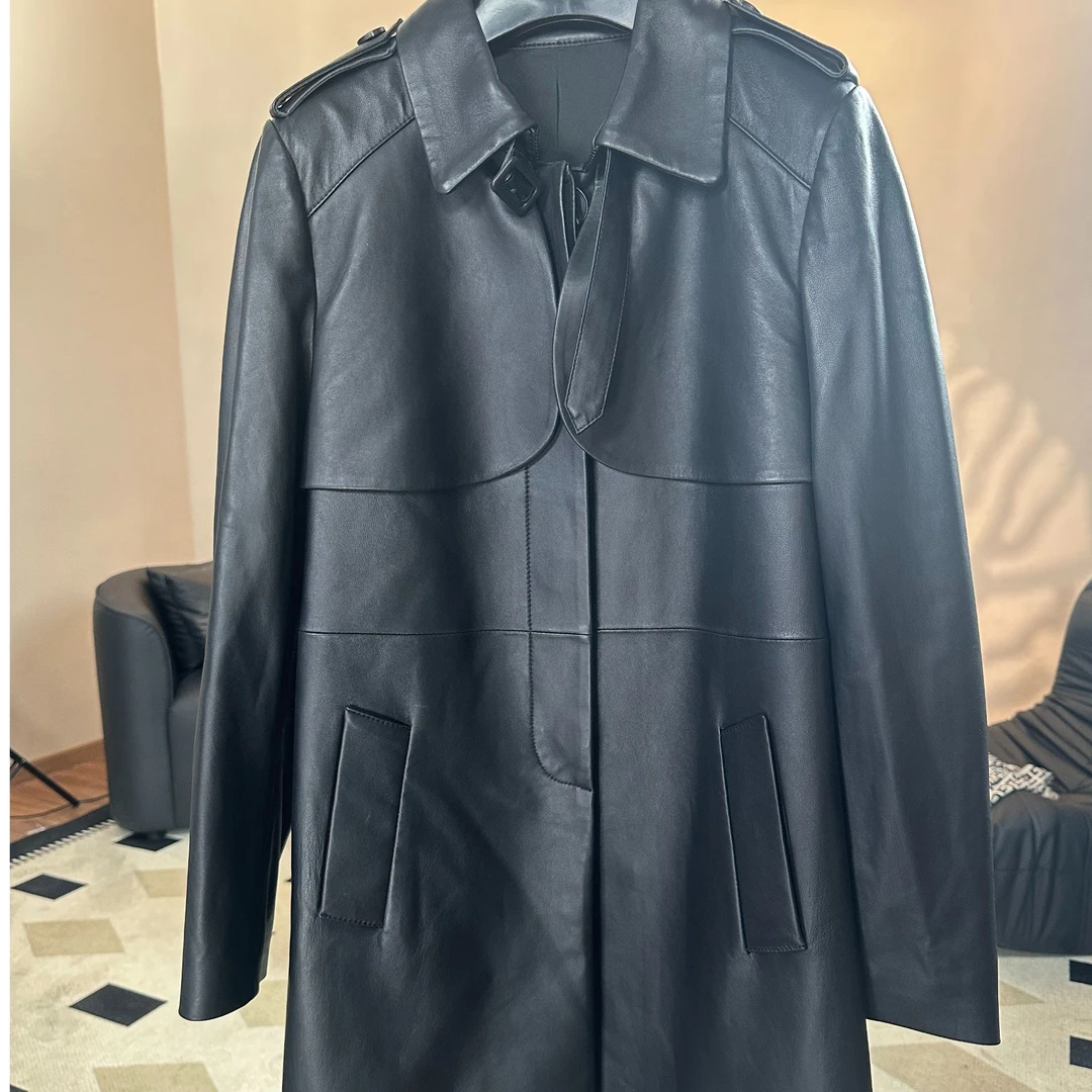 ⑤海宁春季新款时尚百搭黑色真皮绵羊皮翻领中长款女士皮衣外套