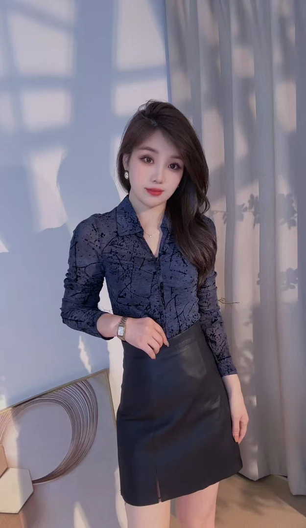 秋季新款法式复古扎染长袖设计感气质修身别致显瘦洋气上衣9887