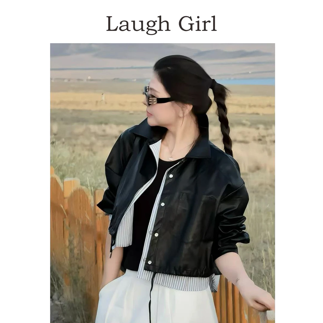 楚楚君Laugh girl【巴黎街头】酷飒风女装高级感假两件皮衣WL53569J