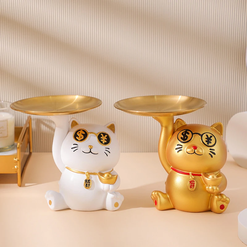 入户招财猫收纳托盘放钥匙置物架摆件门口客厅玄关鞋柜装饰乔迁礼