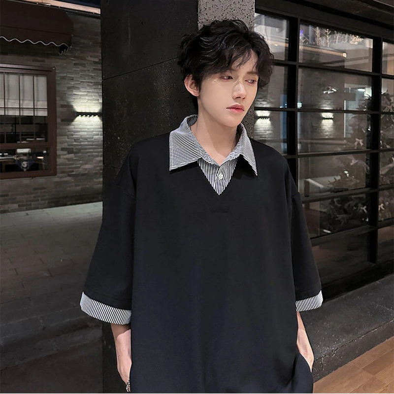 青少年高街短袖t恤男款夏季假两件衬衫领五分袖潮牌美式休闲体恤