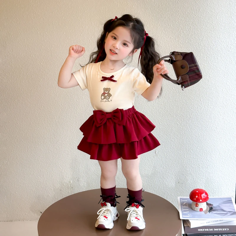 女童夏装套装2025夏季新款洋气时髦儿童小女孩短袖蛋糕裙裤两件套