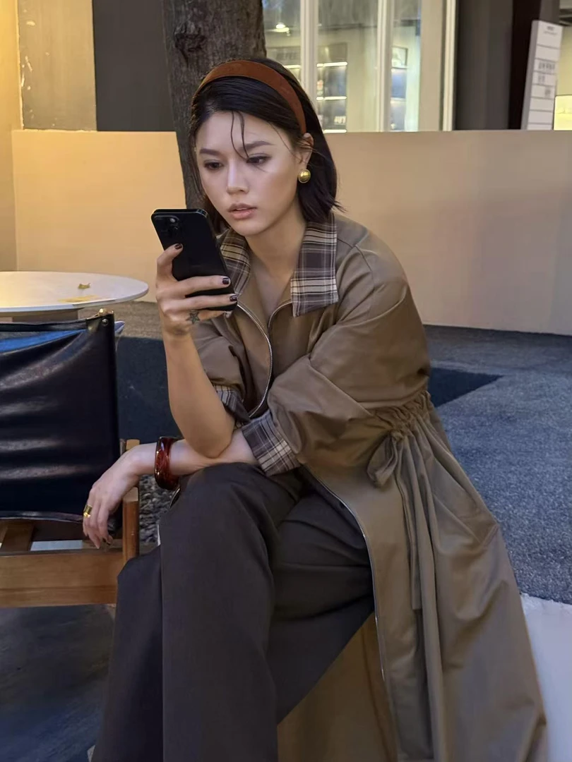 DENGDAHA「琥珀流光」秋季高级翻领拉链绑带中长款外套HBZW652080