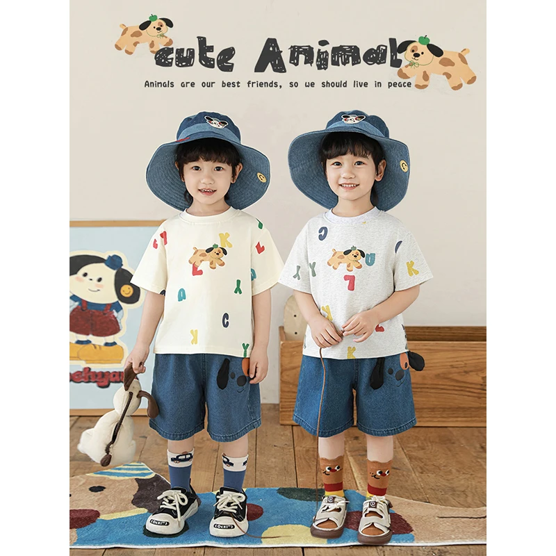 幼悠男童夏季字母小狗印花短袖套装时尚潮酷痞帅童装儿童森系服装