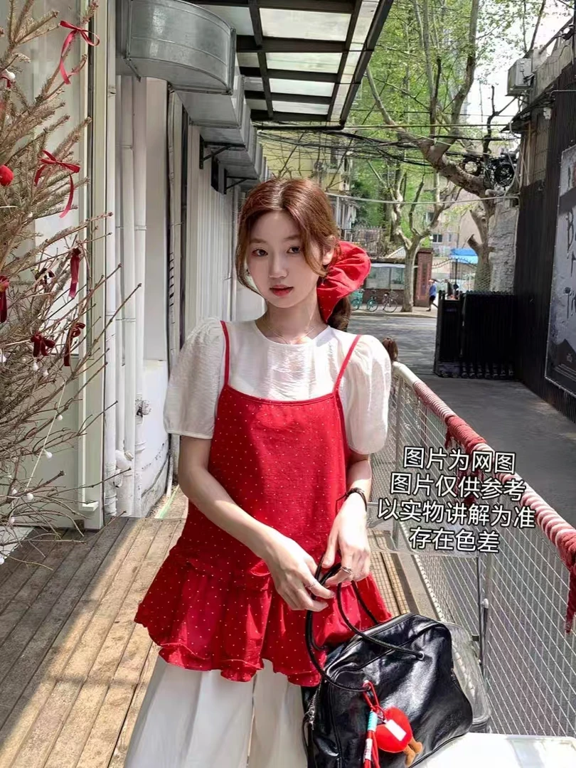 【英敏专属】微胖大码女装2025夏季套装韩系甜美波点吊带+短袖上衣