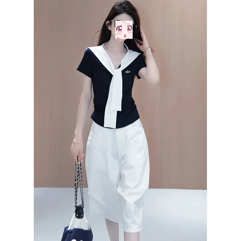 夏季新款学院风韩版海军领显瘦百搭短袖T恤纯色休闲短裤两件套装
