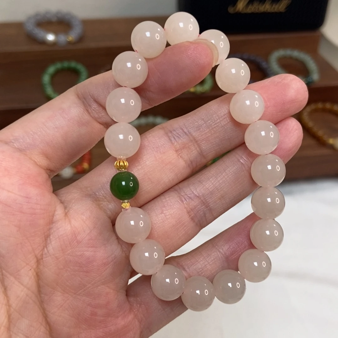 手链18K金镶嵌和田玉10mm藕粉