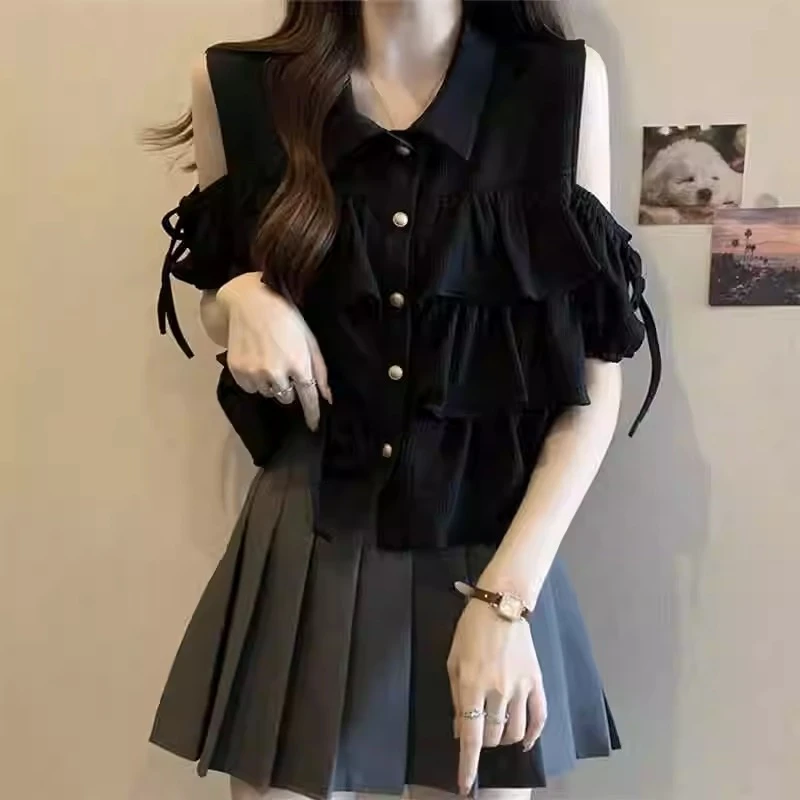 大码女装遮肚子系带露肩衬衫女夏季T恤微胖妹妹别致洋气短款上衣