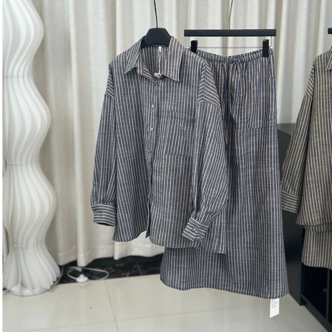 条纹套装春季潮流休闲百搭时尚韩版宽松长袖套装衬衫套装89889388