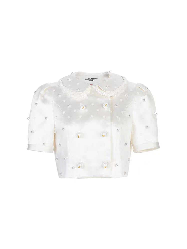 LeFame/拉飞姆2025夏航海系珍珠波点提花上衣女LF25X41SC355