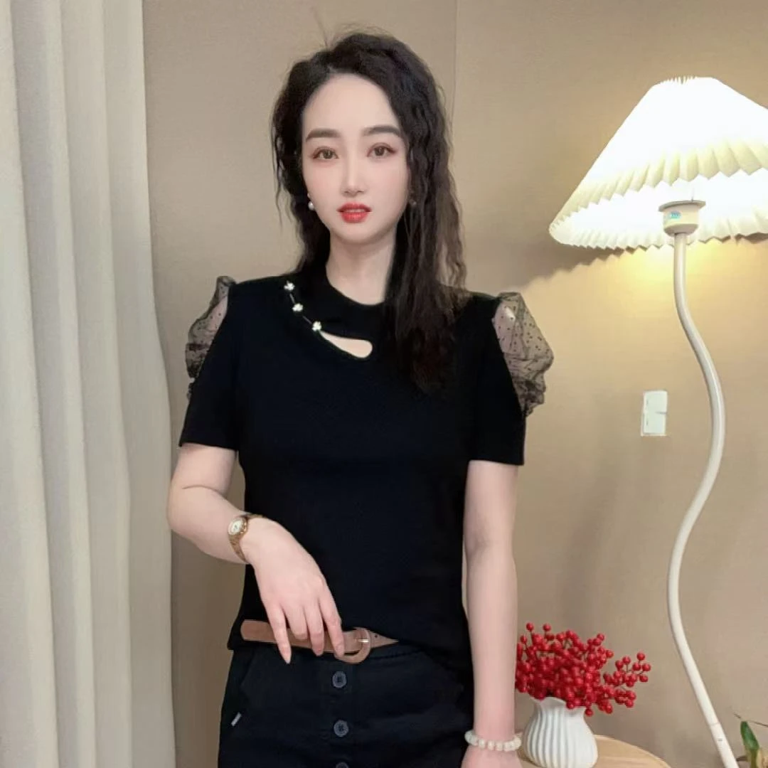 夏季新款时尚洋气露肩圆领气质T恤女显瘦气质女士百搭上衣