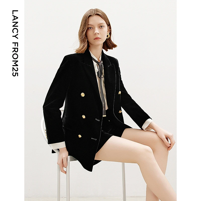 朗姿高级感时尚职业西装外套复古双排扣正肩丝绒西服2024冬季新款