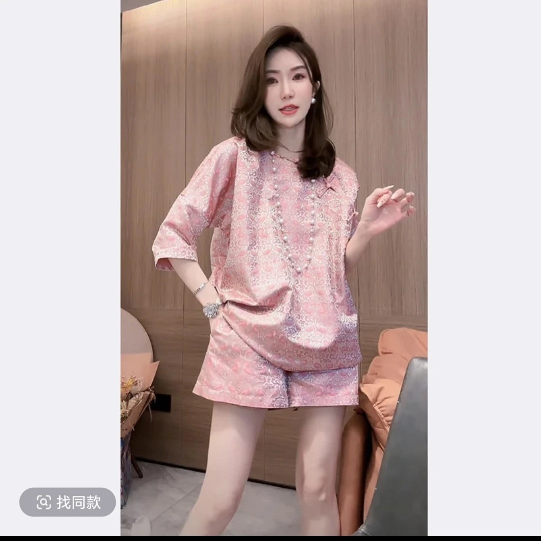 国风休闲韩版大码套装设计感女夏季新中式异色罗套装女宽松时尚