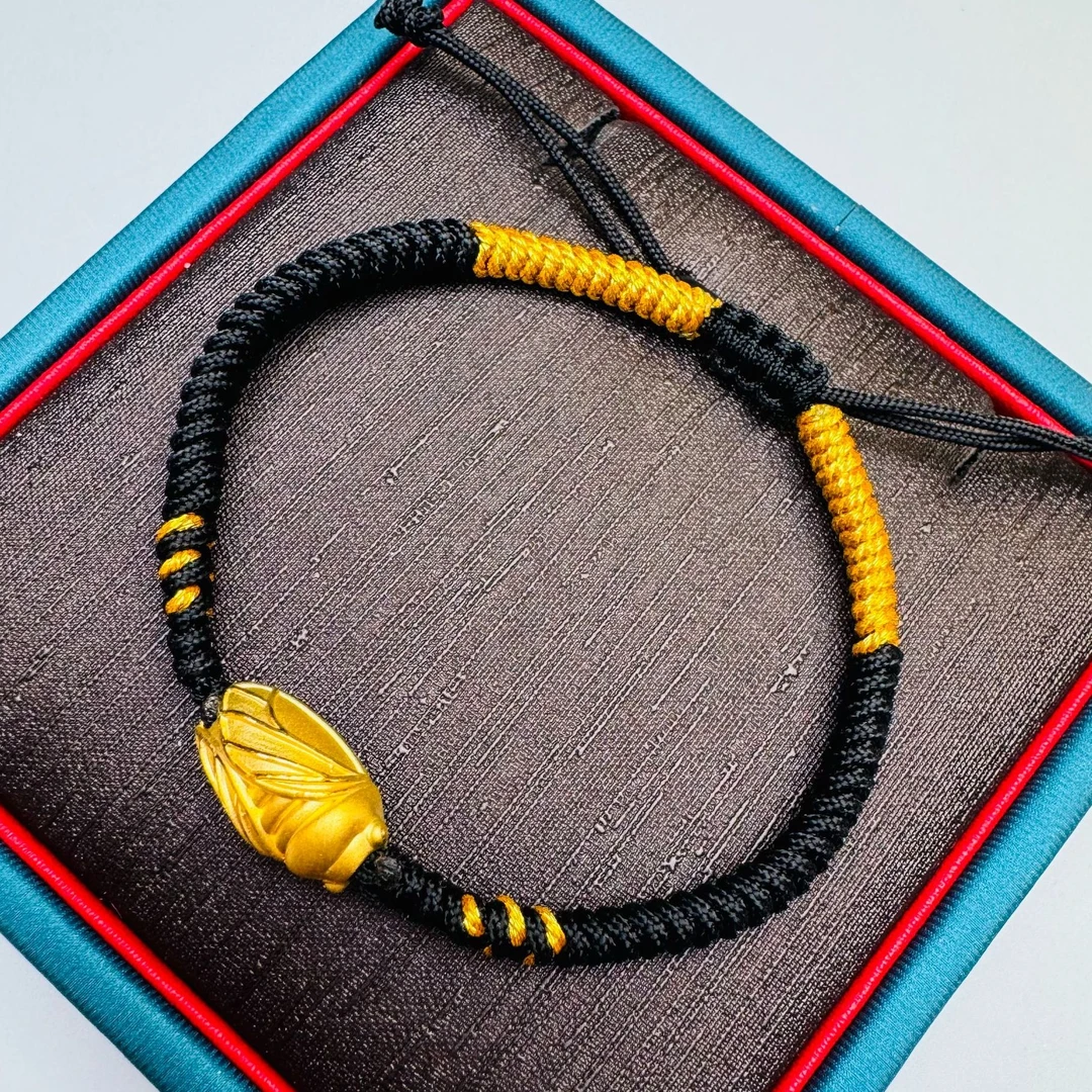 17#足金999  5D硬金工艺黄金一鸣惊人转运珠金蝉金榜题名黑绳编织