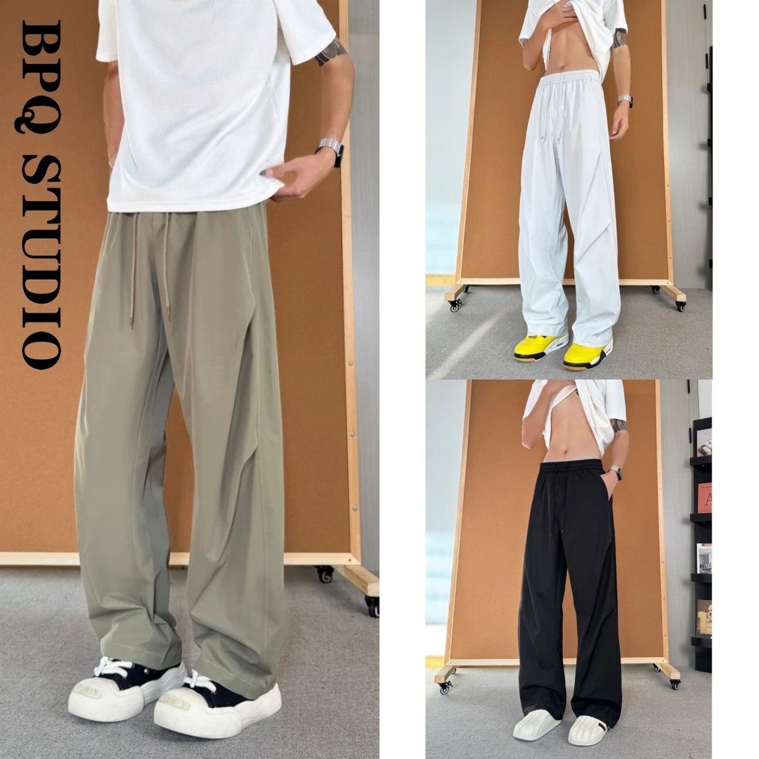 2025夏季潮牌高街弯刀冰丝裤大码宽松降伞休闲裤子男直筒阔腿长裤
