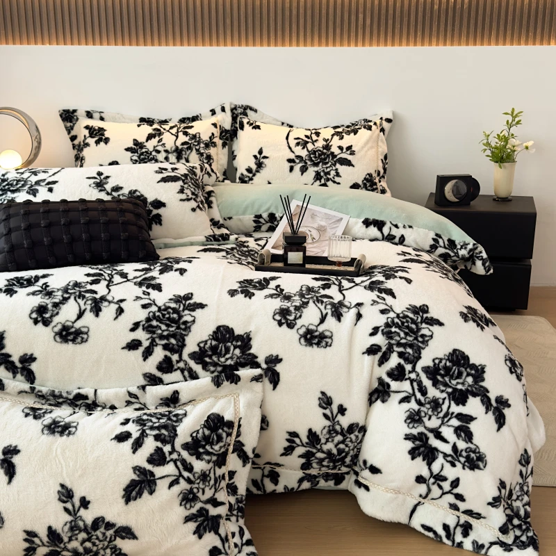 轻奢美拉德风加厚牛奶绒四件套冬季加绒双面绒花边被套被罩床单款