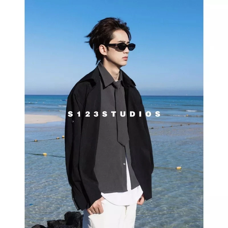 2025【假两件设计】早秋拼接领带设计衬衫日系风宽松轻奢痞帅男装