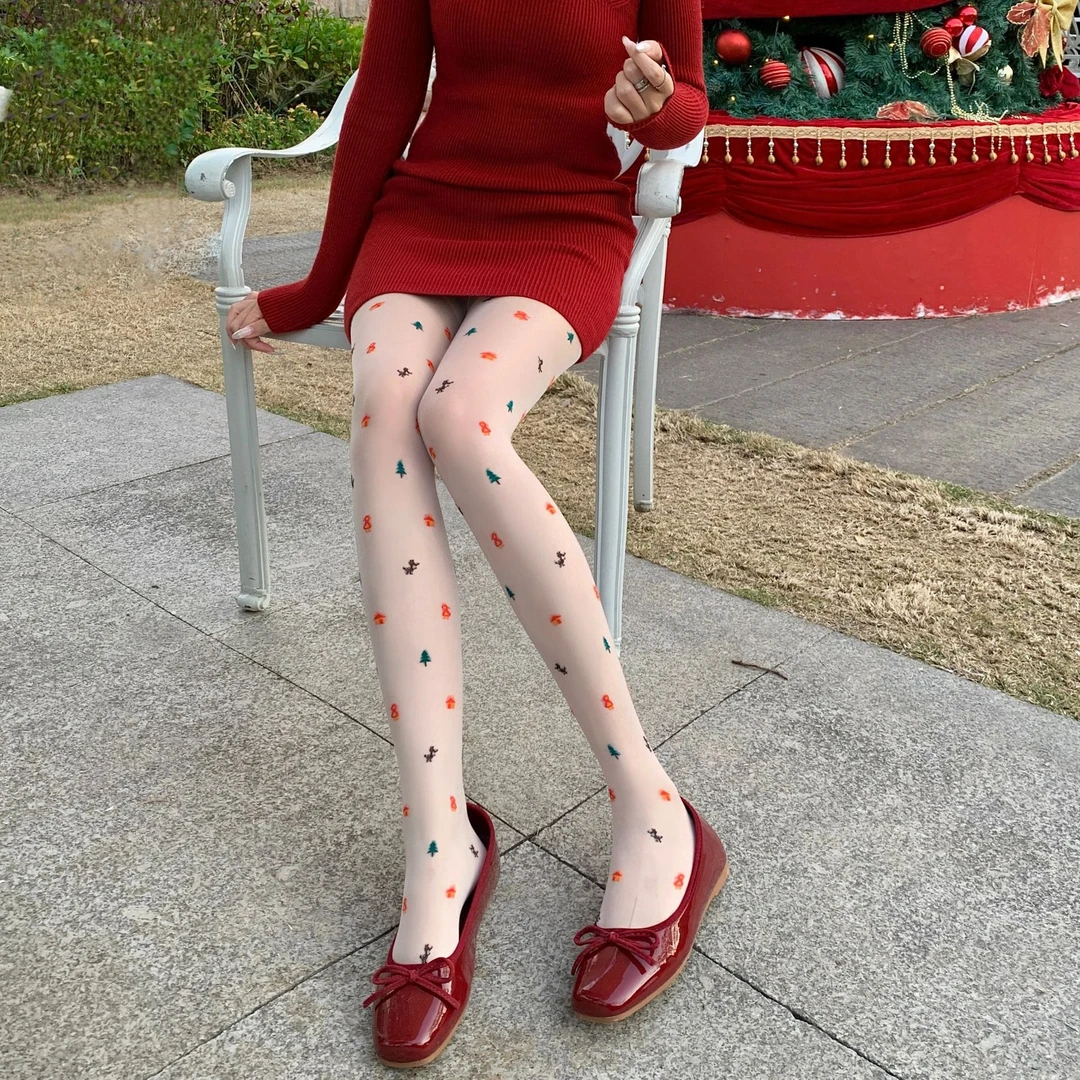 圣诞元素小众奶白可爱印花甜美透肉黑丝性感薄款连裤袜丝袜洛丽塔