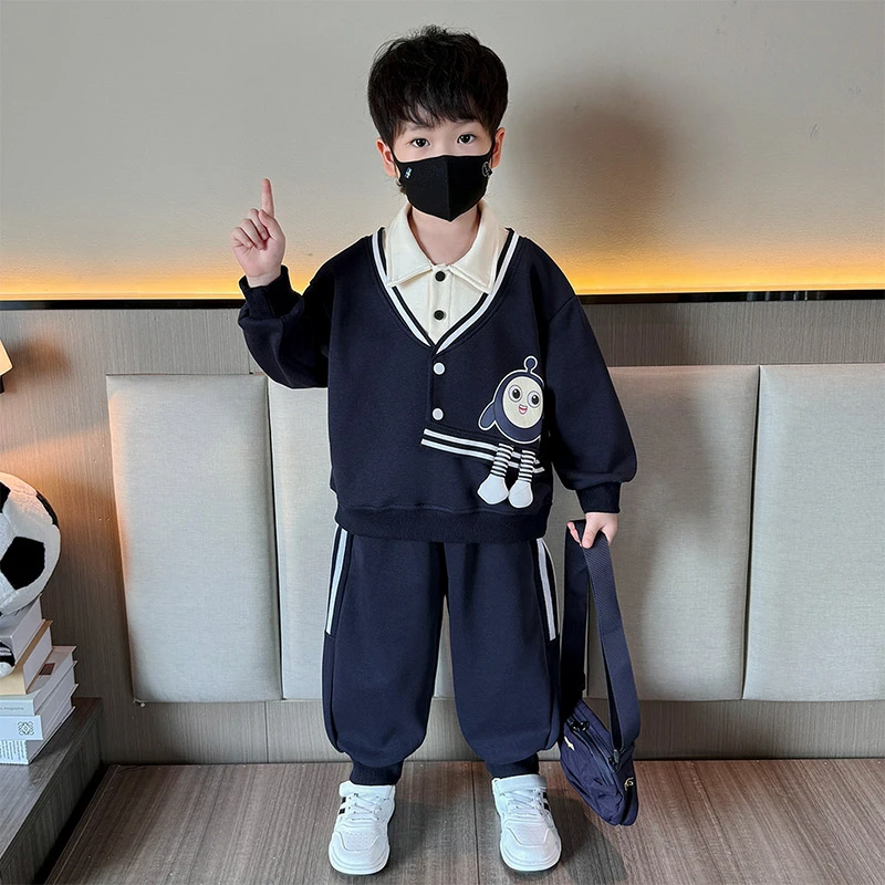 男童套装春秋款儿童装洋气学院风POLO衫小男孩秋装卡通时髦两件套