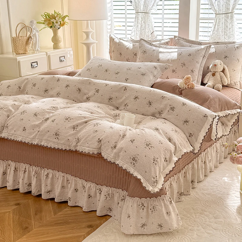 法式复古风荷叶边棉麻四季款加厚床盖四件套韩版针织水洗棉双层纱