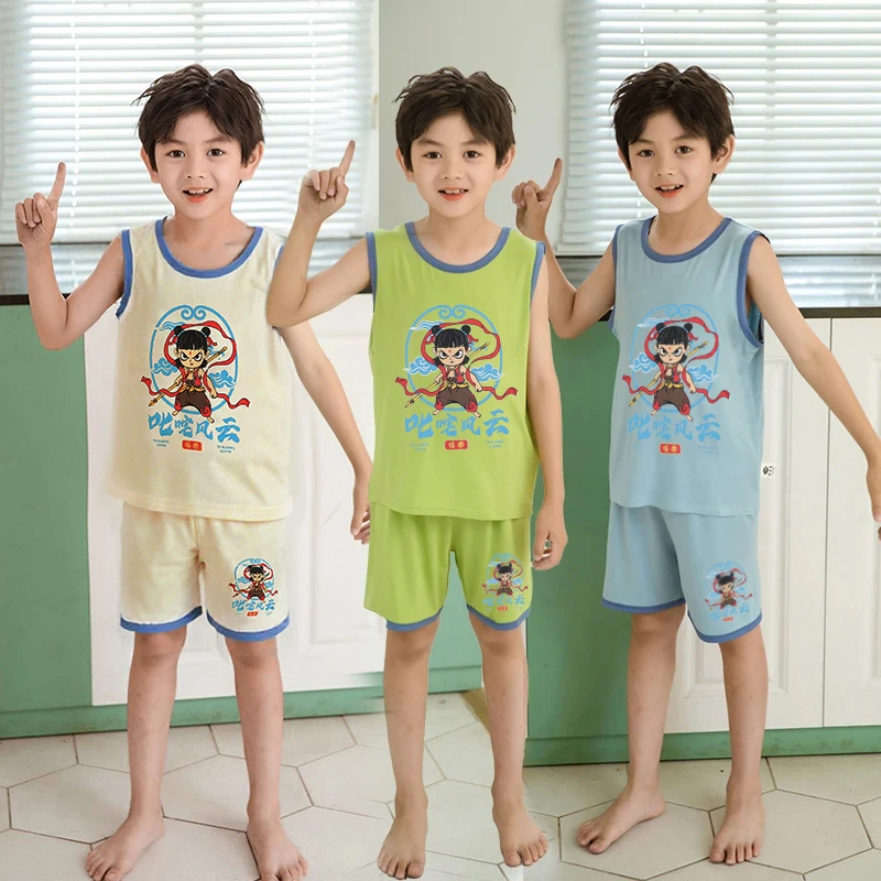 男童无袖夏季莫代尔薄款家居服套装男宝宝睡衣女宝宝面膜冰凉睡裤
