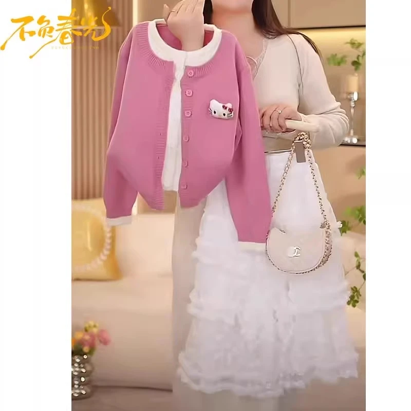 女童圆领毛衣半身裙套装2025春款开衫针织衫学院风蛋糕纱裙洋气潮