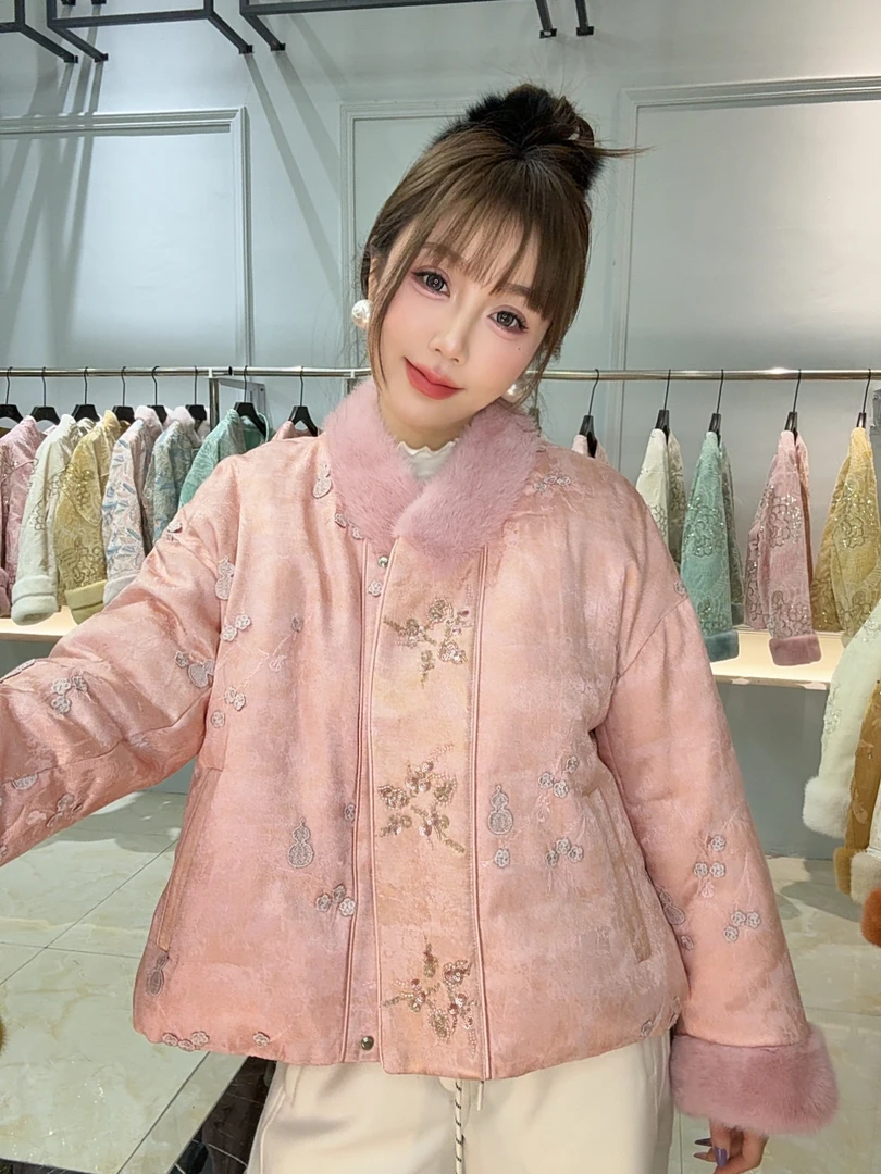 JDJ洁哥2025新款国风鹅绒水貂毛领重工刺绣羽绒外套25878