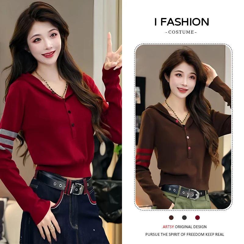 时尚设计感小众连帽长袖针织衫女2026年春秋新款洋气修身遮肉上衣