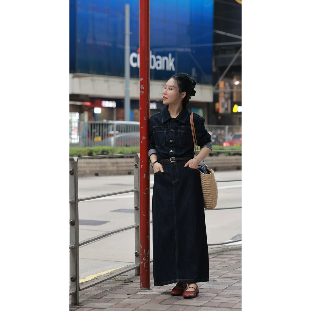 【那尚新品】 春 复古收腰法式丹青色牛仔连衣裙