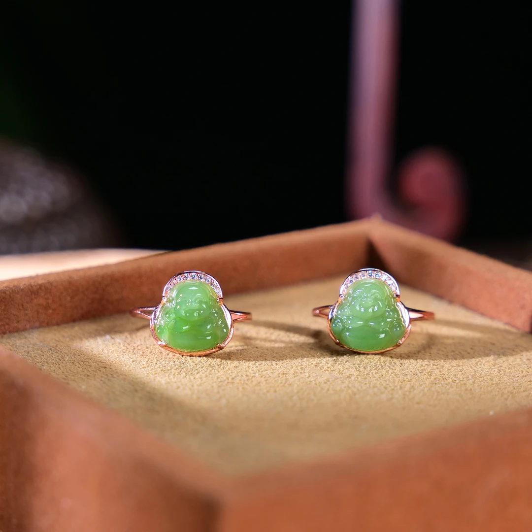 【小雨来了】925银镶嵌碧玉苹果绿佛公戒指 银戒指 多样性发一件