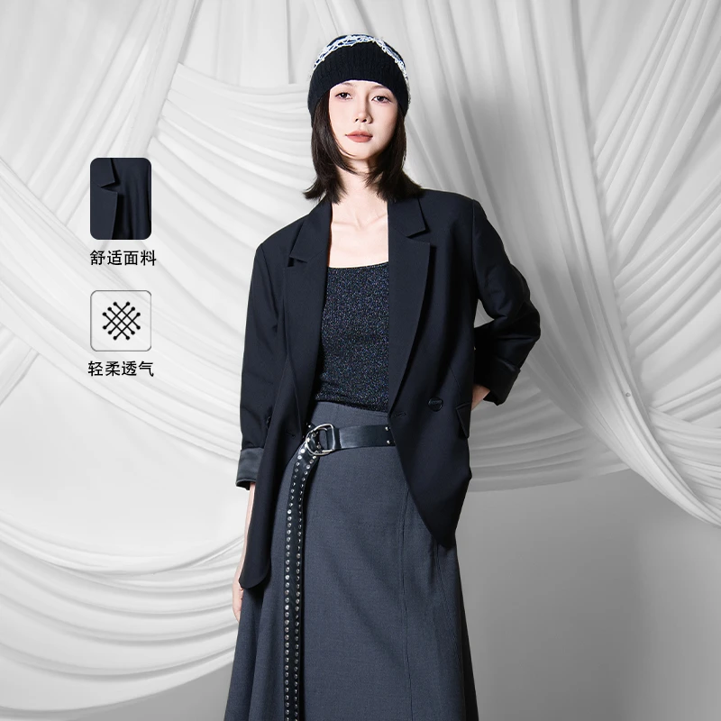 玛丝恩迪秋季经典休闲长款西装黑色气质西服外套430661