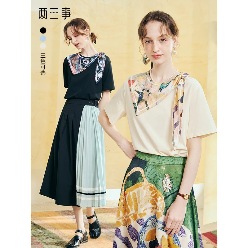 两三事时光速写 2025夏季新款复古印花三角围巾领短袖t恤女宽松