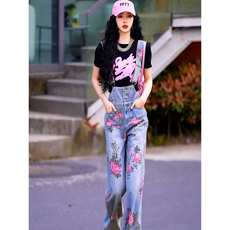 复古港风牛仔背带阔腿裤一整套女装修身短款圆领印花T恤上衣套装