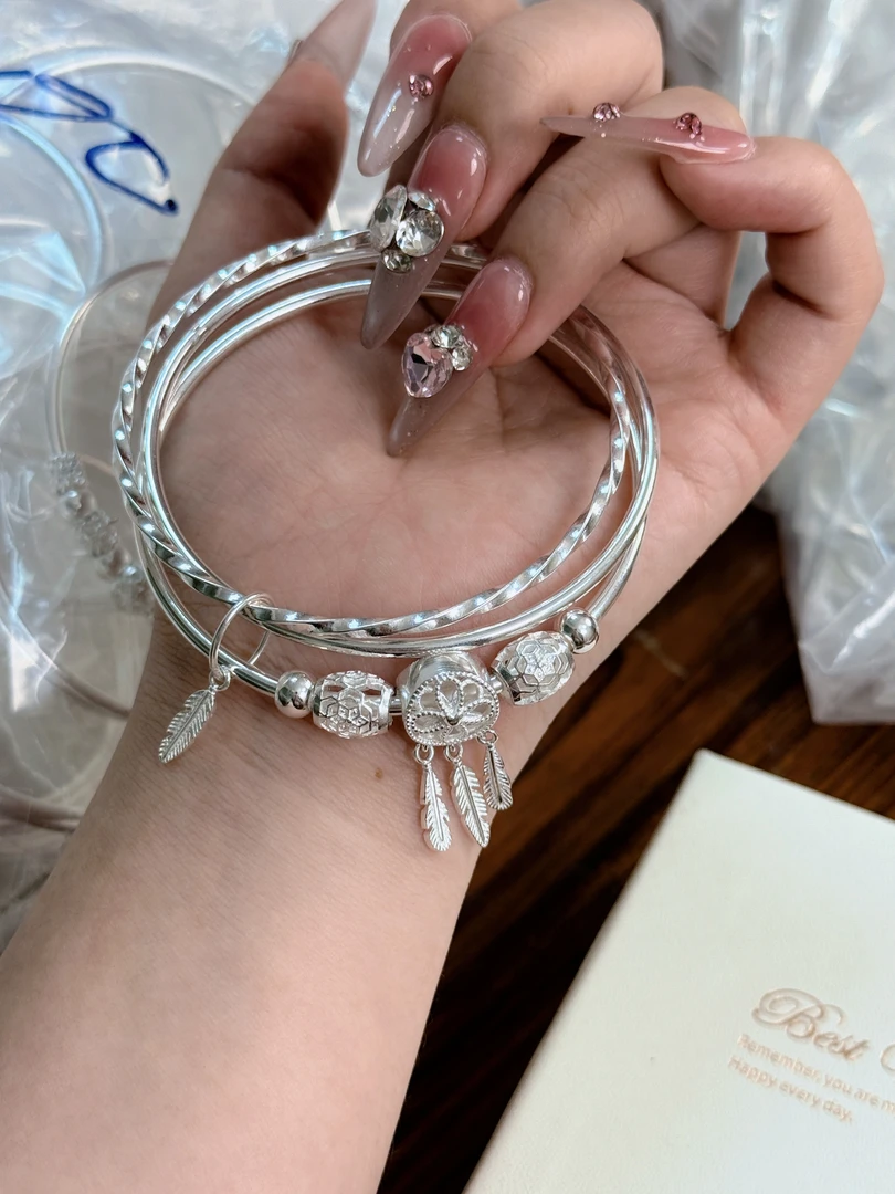 足银手镯 足银999.9 三环捕梦网手镯 S010