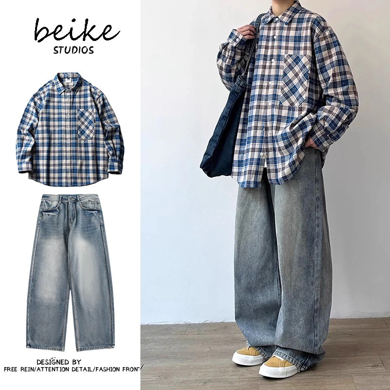 两件装/单件春秋季日系复古蓝色格子衬衫男宽松休闲一套男生套装