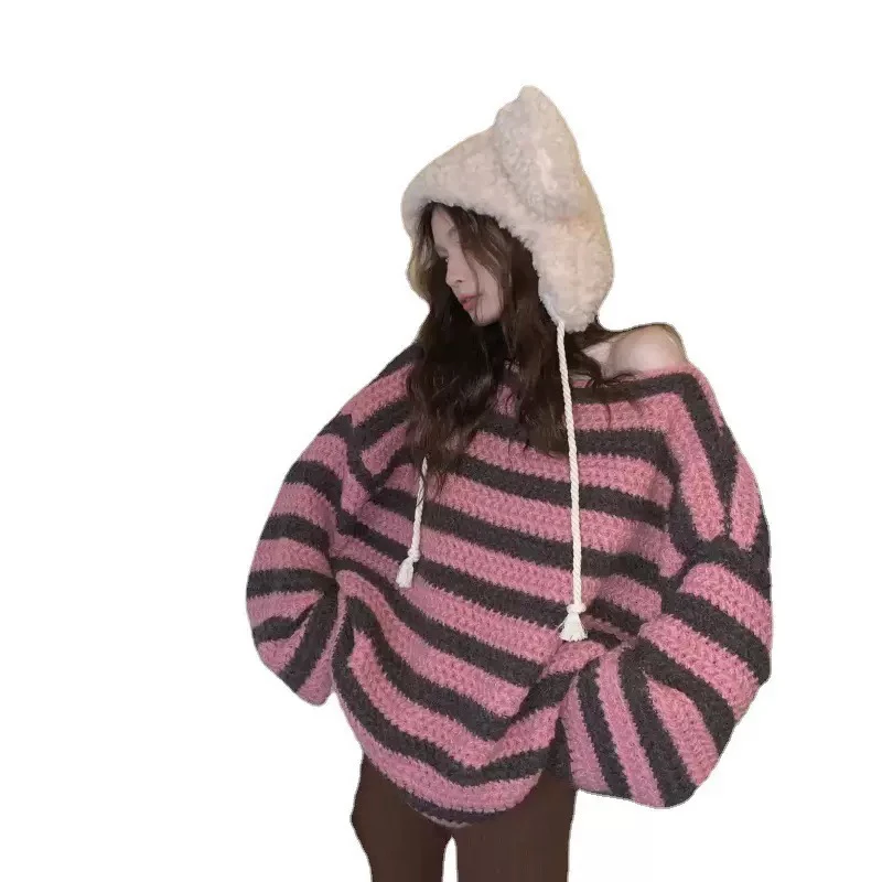 粉色条纹慵懒风加厚一字领针织毛衣女春秋复古宽松上衣