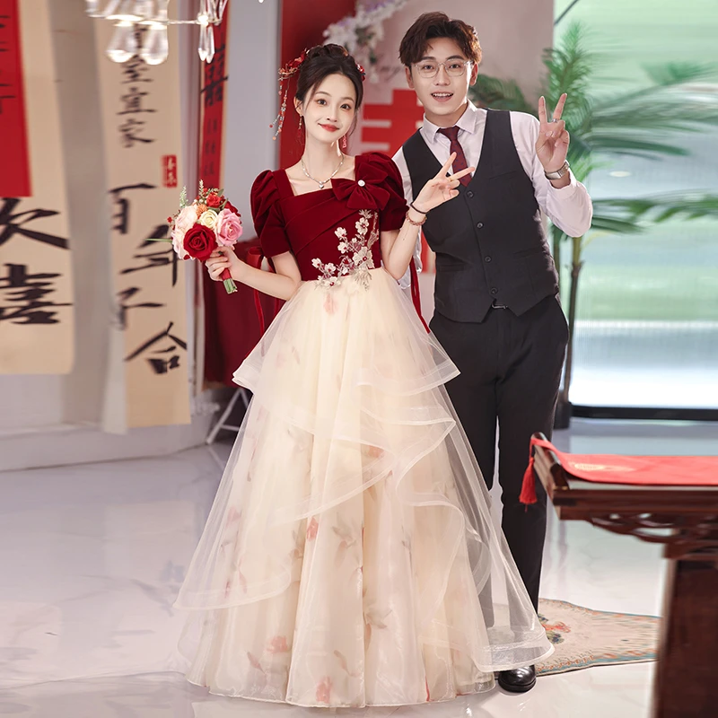 大码敬酒服新娘2025新款胖mm订婚晚礼服婚纱遮肚当天结婚回门短袖