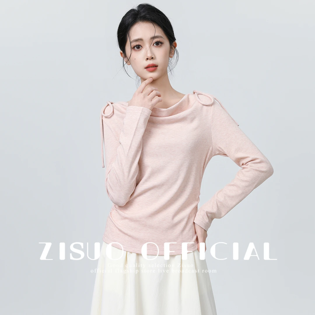 粉色荡领长袖T恤女春秋2025新款不规则蝴蝶结系带内搭打底短上衣