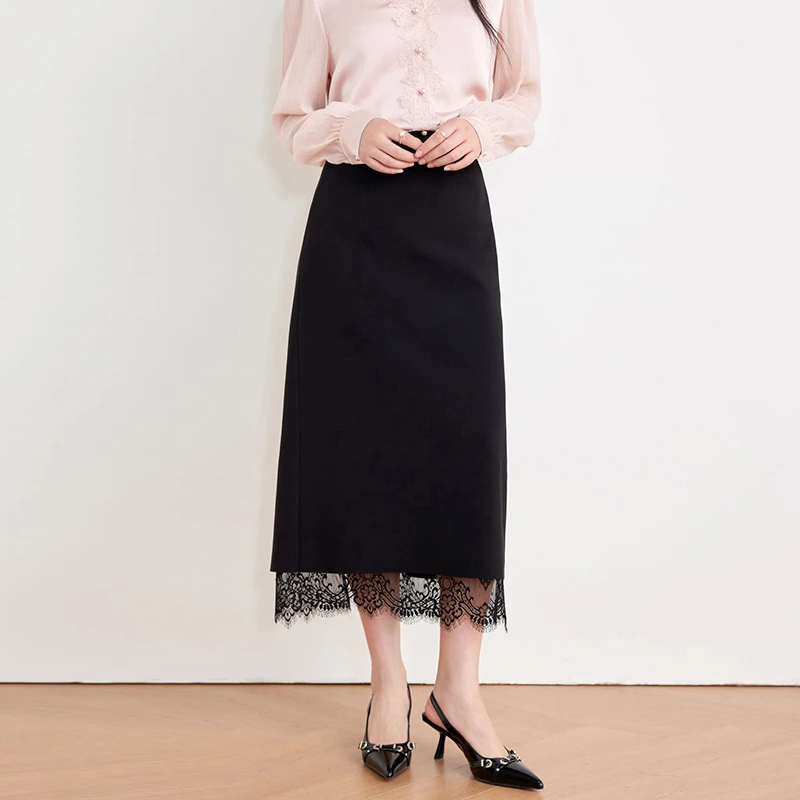 蕾丝拼接直筒百搭显瘦优雅通勤半身裙女626-014