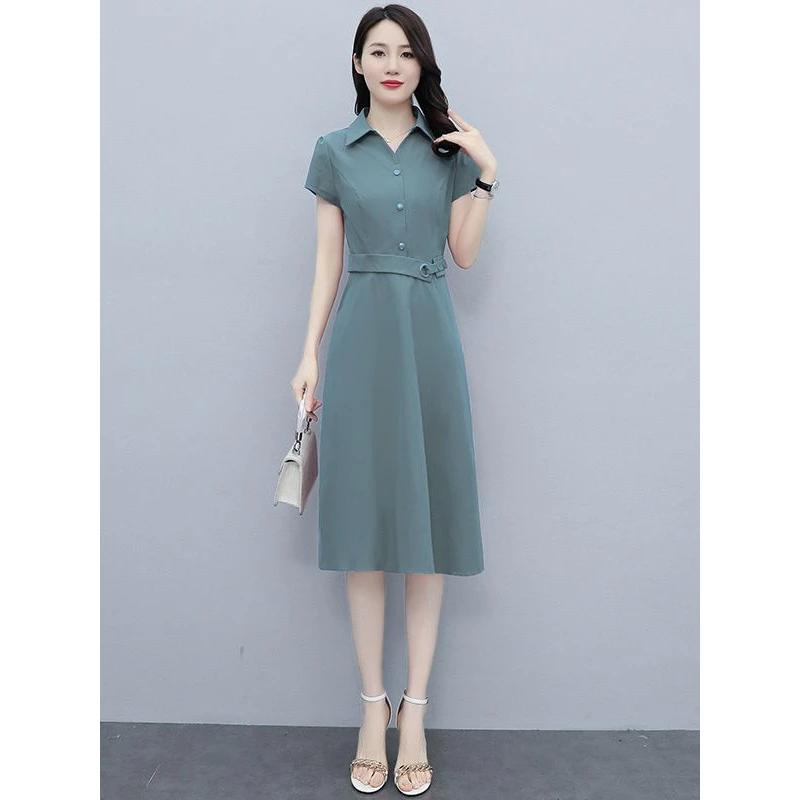 夏季新款女装中年妈妈气质减龄收腰显瘦纯色衬衫POLO领连衣裙