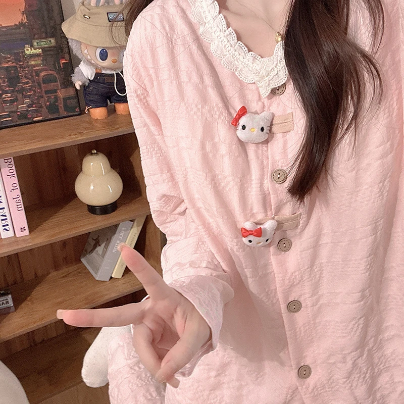 粉色立体Kitty带胸垫睡衣女款春秋长袖2025年新款秋冬季家居服夏